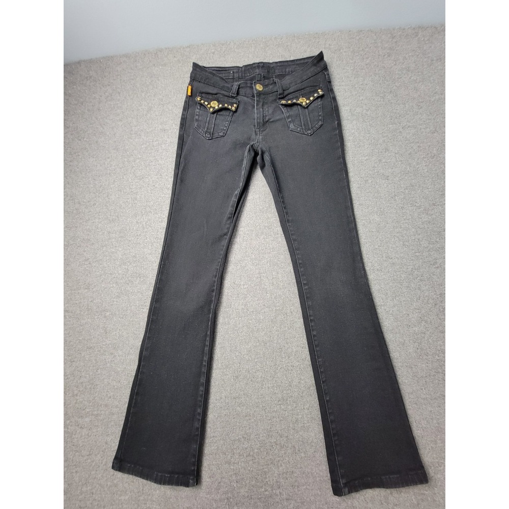 Robin's Jeans Womens 28 Black Denim Dark Wash Gold Stud Flap Pockets Flared Leg